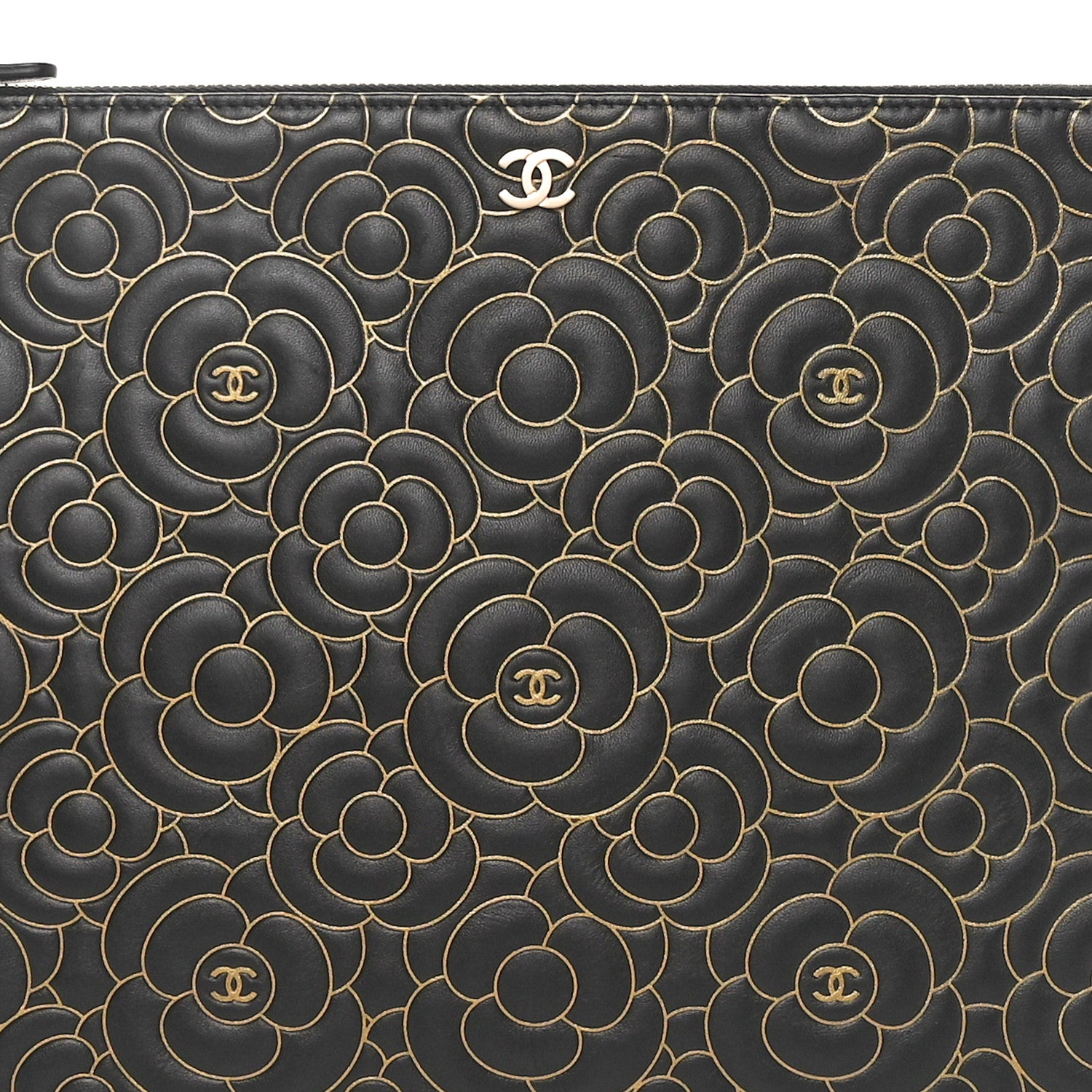 Chanel Lambskin Camellia Embossed Large Cosmetic Case Black Gold 6 of 7