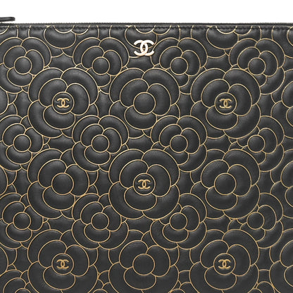 Chanel Lambskin Camellia Embossed Large Cosmetic Case Black Gold 6 of 7