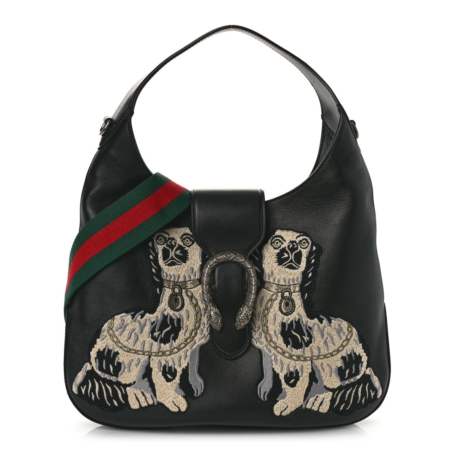 Calfskin Web Dog Embroidered Medium Dionysus Hobo Black