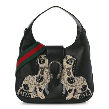 Gucci Calfskin Web Dog Embroidered Medium Dionysus Hobo Black 1 of 11