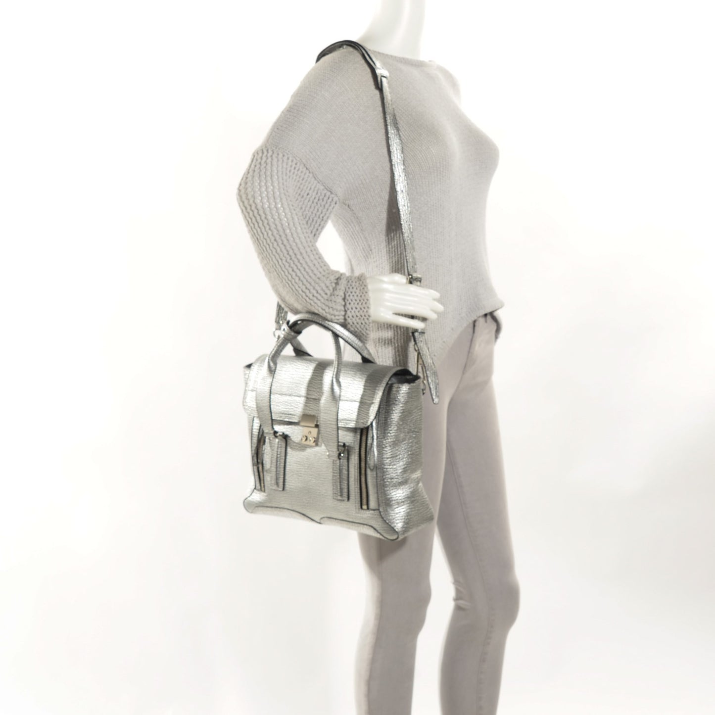 3.1 Textured Calfskin Medium Pashli Satchel Silver