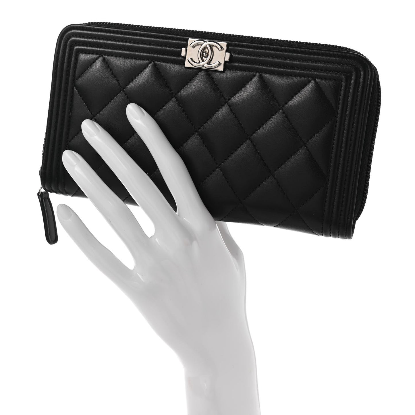 Lambskin Quilted Boy Zip Around Wallet Black