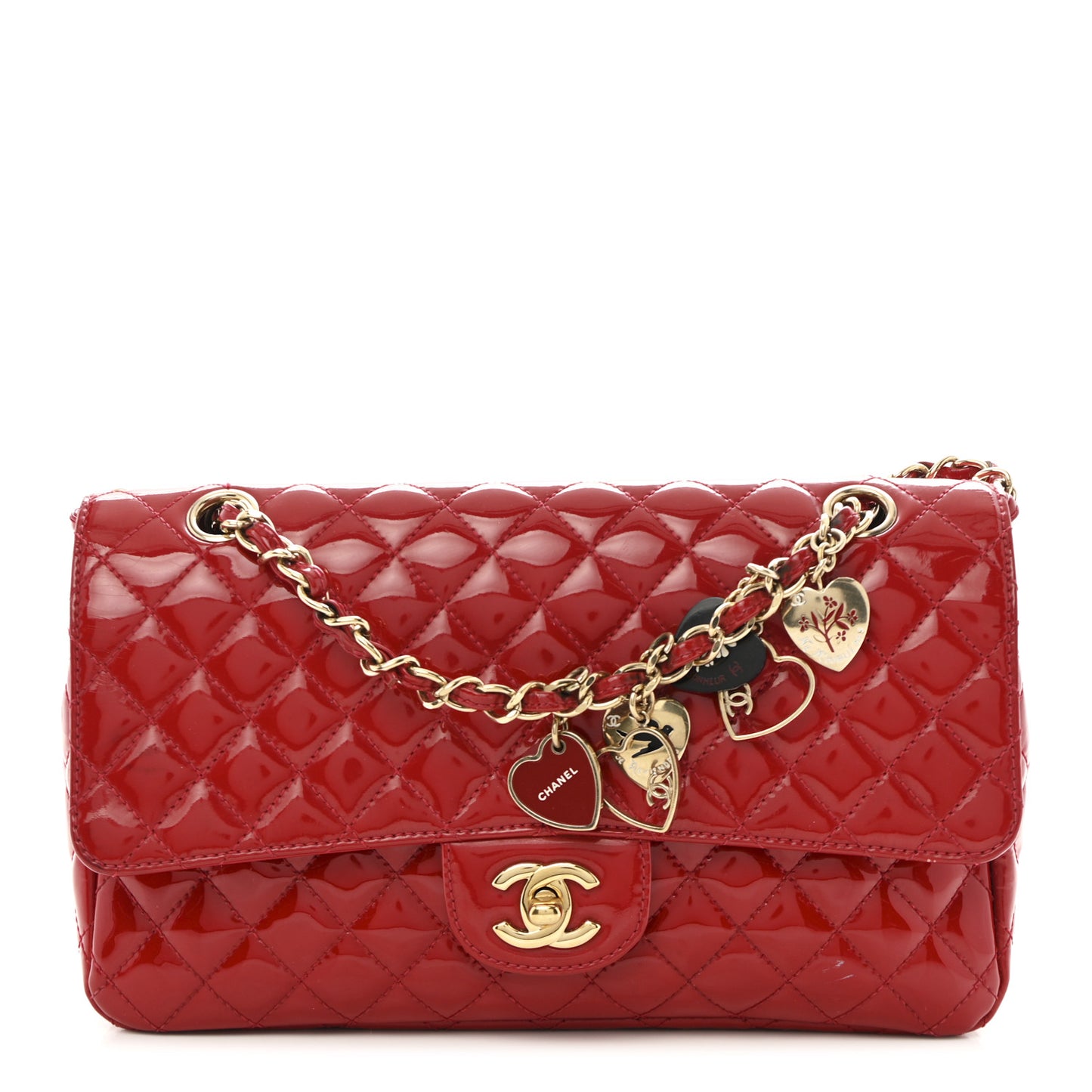 Patent Calfskin Quilted Valentine Charms Medium Single Flap Red
