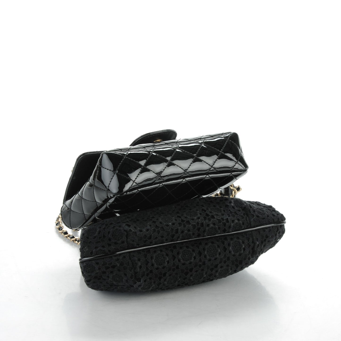 Patent Lace Mini Kiss Lock Flap Double Bag Black