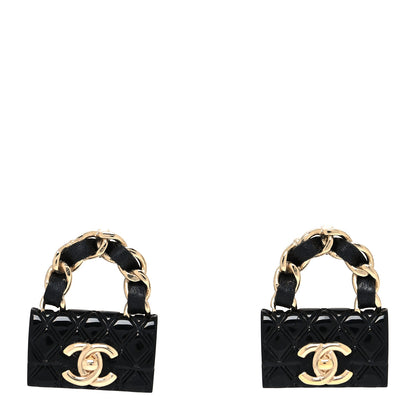 Chanel Metal Resin Lambskin Quilted CC Turnlock Chain Flap Bag Earrings Black Gold 1 of 4