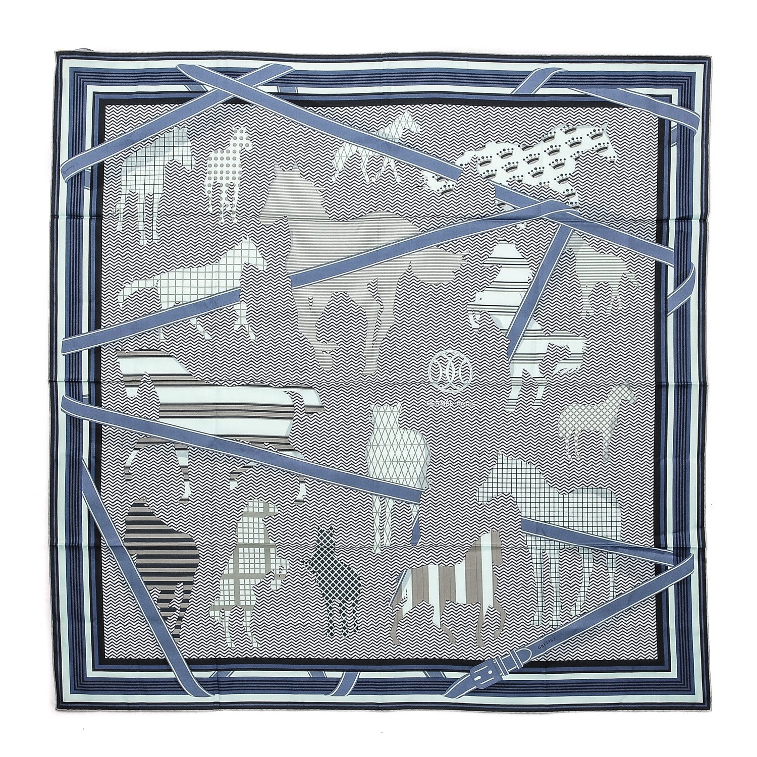 Hermes Silk Cotton Clan Equestre Scarf 100 Bleu Moyen Aqua Marine 1 of 8