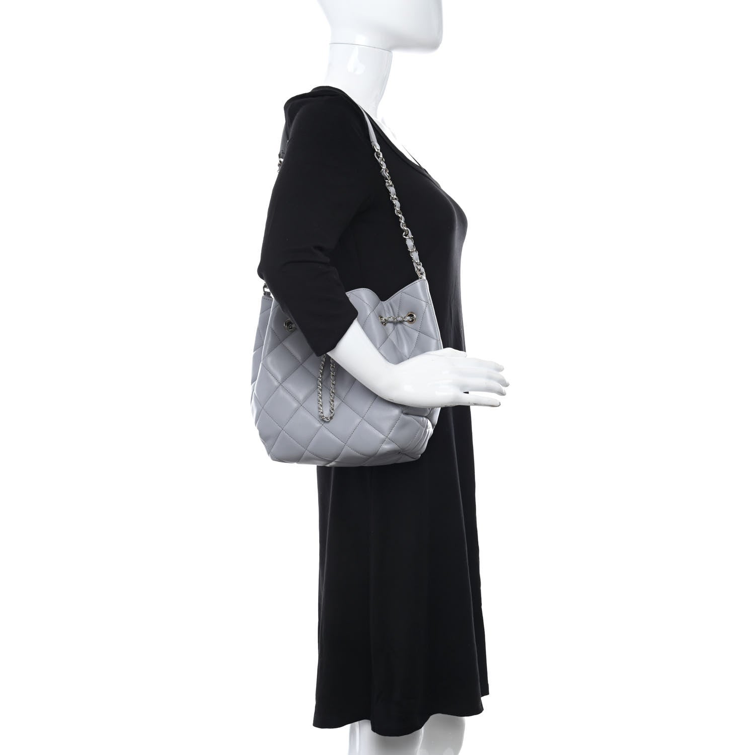Chanel Lambskin Quilted CC Dweller Drawstring Bucket Bag Light Grey 2 of 9