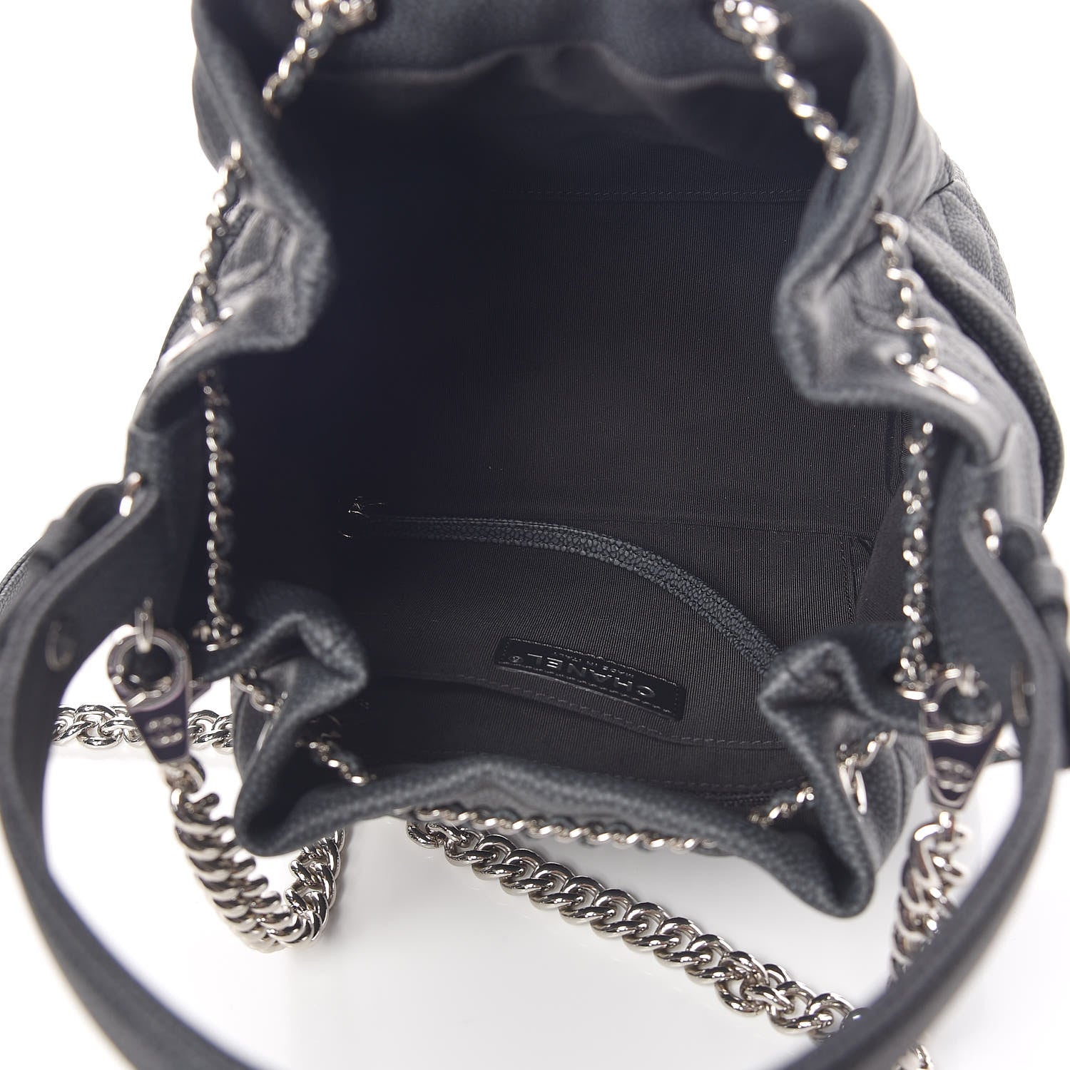 Chanel Caviar Flat Quilted CC Chain Bucket Drawstring Bag Black 5 of 9