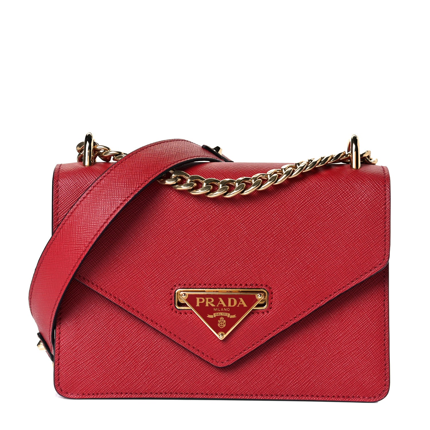 Prada Saffiano Soft Calfskin Metal Triangle Logo Envelope Chain Shoulder Bag Fuoco 1 of 7