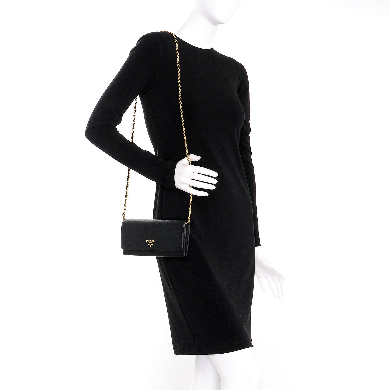 Prada Saffiano Metal Oro Chain Wallet Nero Black 2 of 7