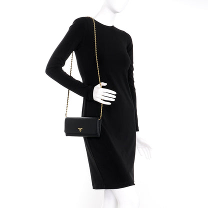 Prada Saffiano Metal Oro Chain Wallet Nero Black 2 of 7