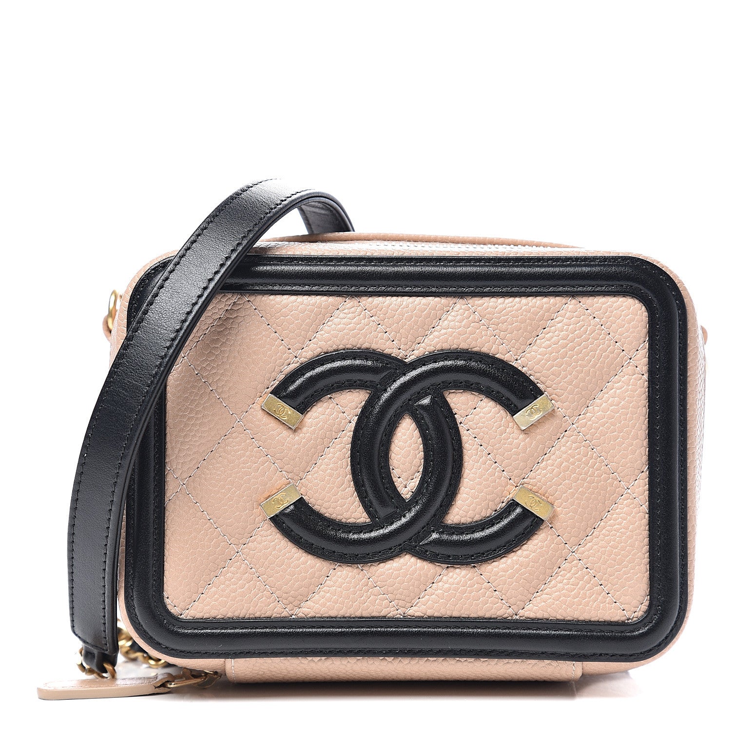 Chanel Caviar Quilted CC Filigree Vanity Clutch With Chain Beige Black 1 of 9