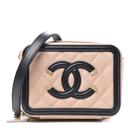 Chanel Caviar Quilted CC Filigree Vanity Clutch With Chain Beige Black 1 of 9