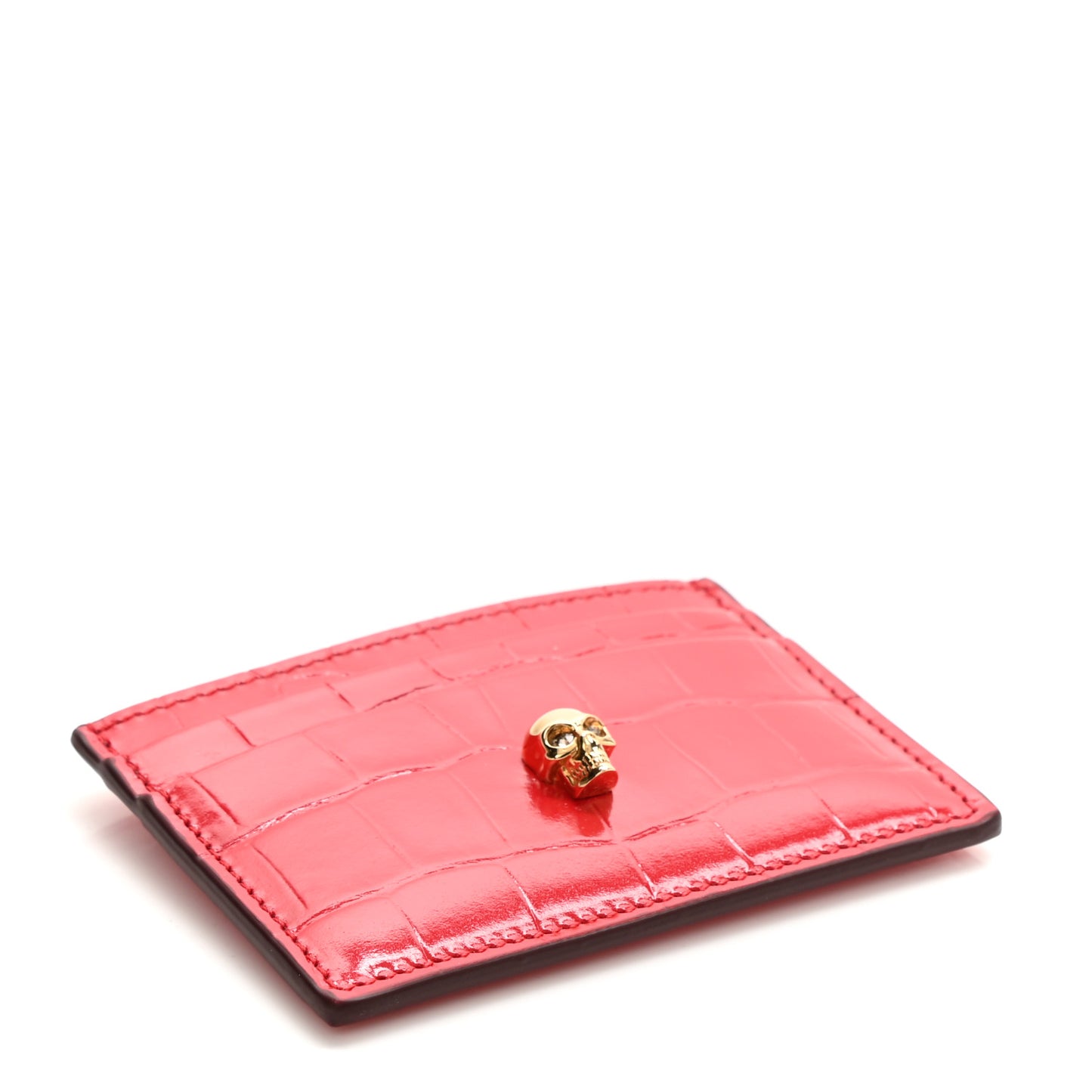 Calfskin Crocodile Embossed Skull Card Holder Scarlet Red