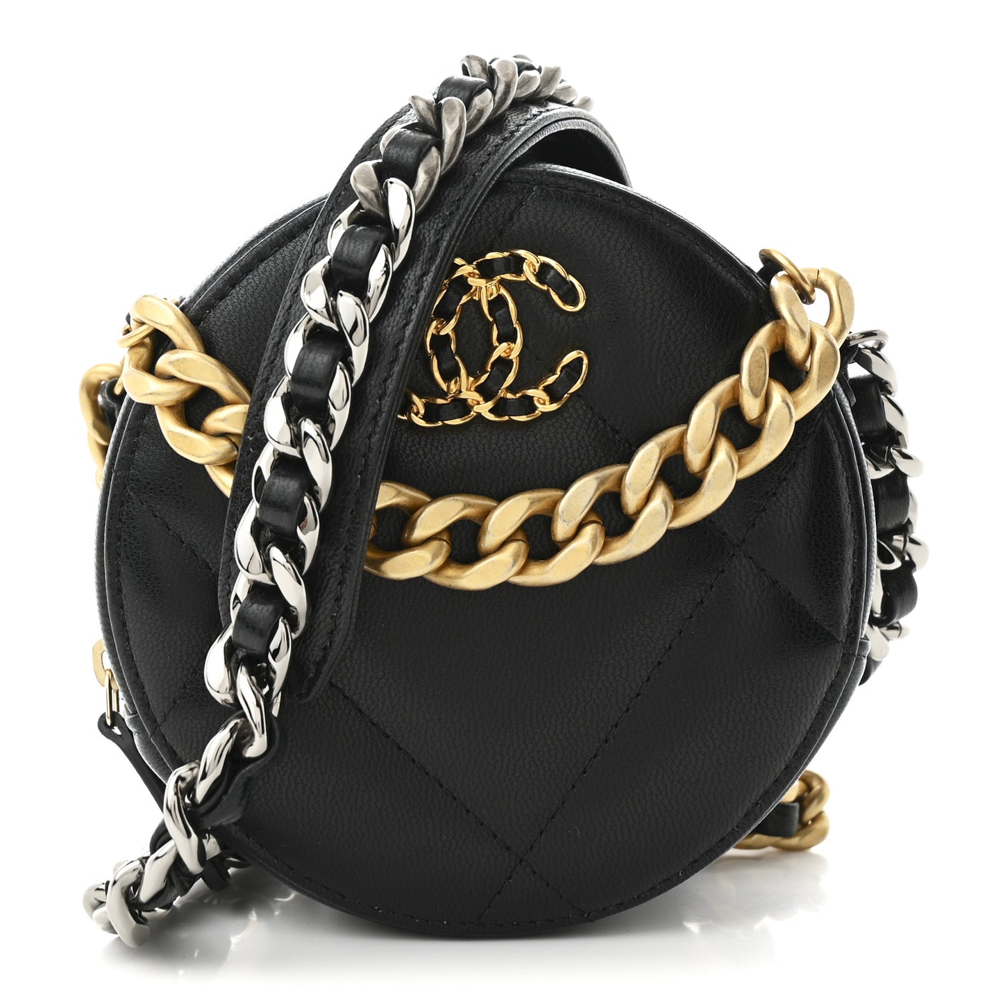 Lambskin Quilted Chanel 19 Round Clutch With Chain  Black
