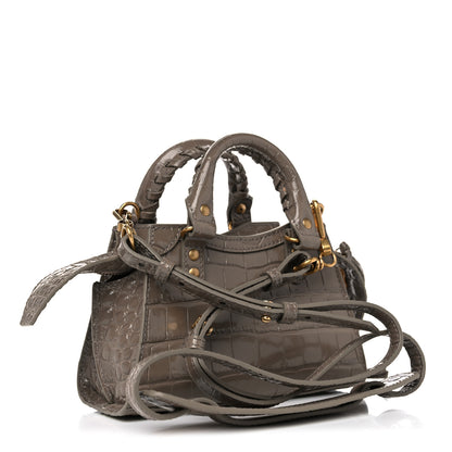 Balenciaga Shiny Supple Calfskin Crocodile Embossed Neo Classic Gold Hardware Nano City Crossbody Mink Grey 3 of 8