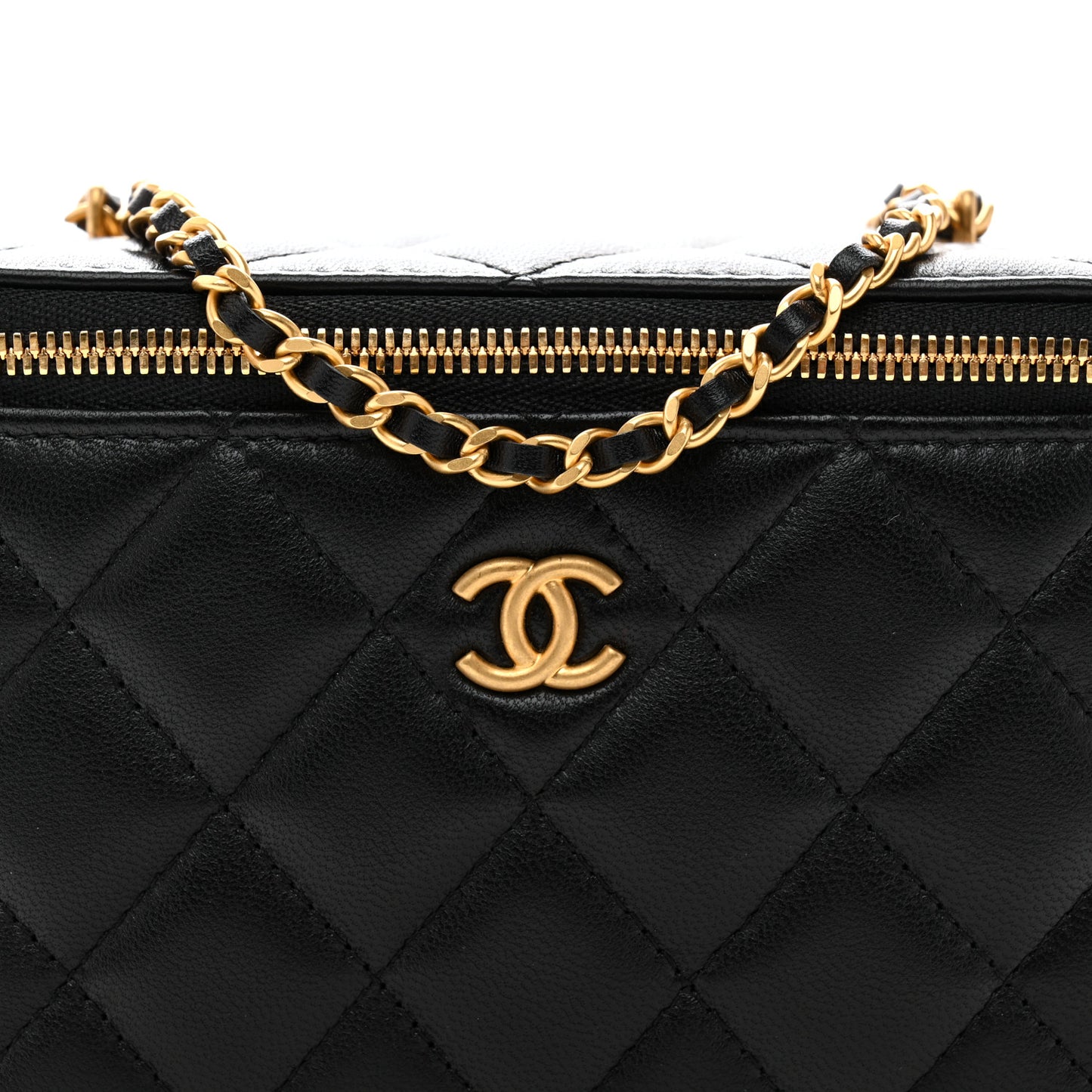 Lambskin Enamel Quilted Small Coco Hearts Vanity Case With Chain Black