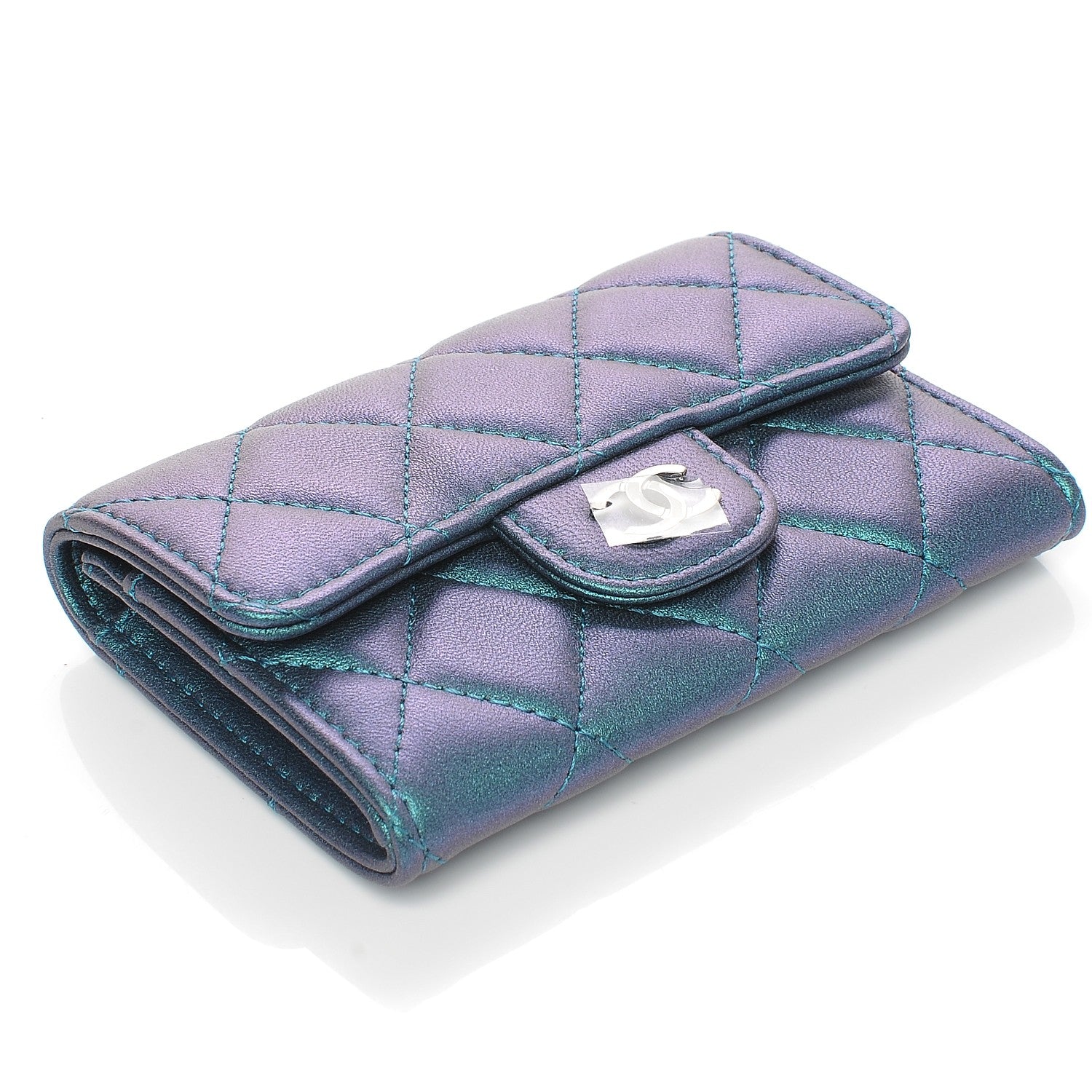 Chanel Metallic Lambskin Quilted Flap Card Holder Turquoise 4 of 9