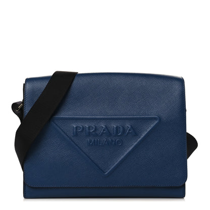 Prada Saffiano Cuir Triangle Logo Embossed Flap Crossbody Bluette 1 of 8