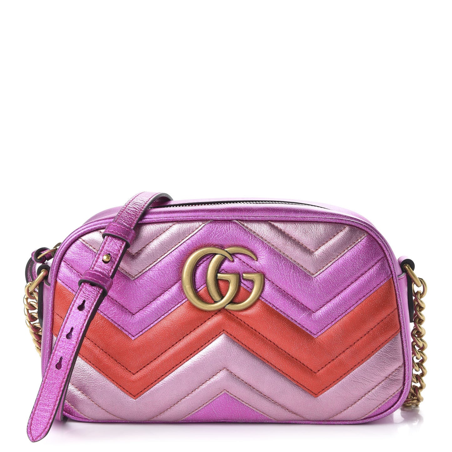 Laminated Nappa Matelasse Small GG Marmont Chain Shoulder Bag Fuxia Rosso Rosa