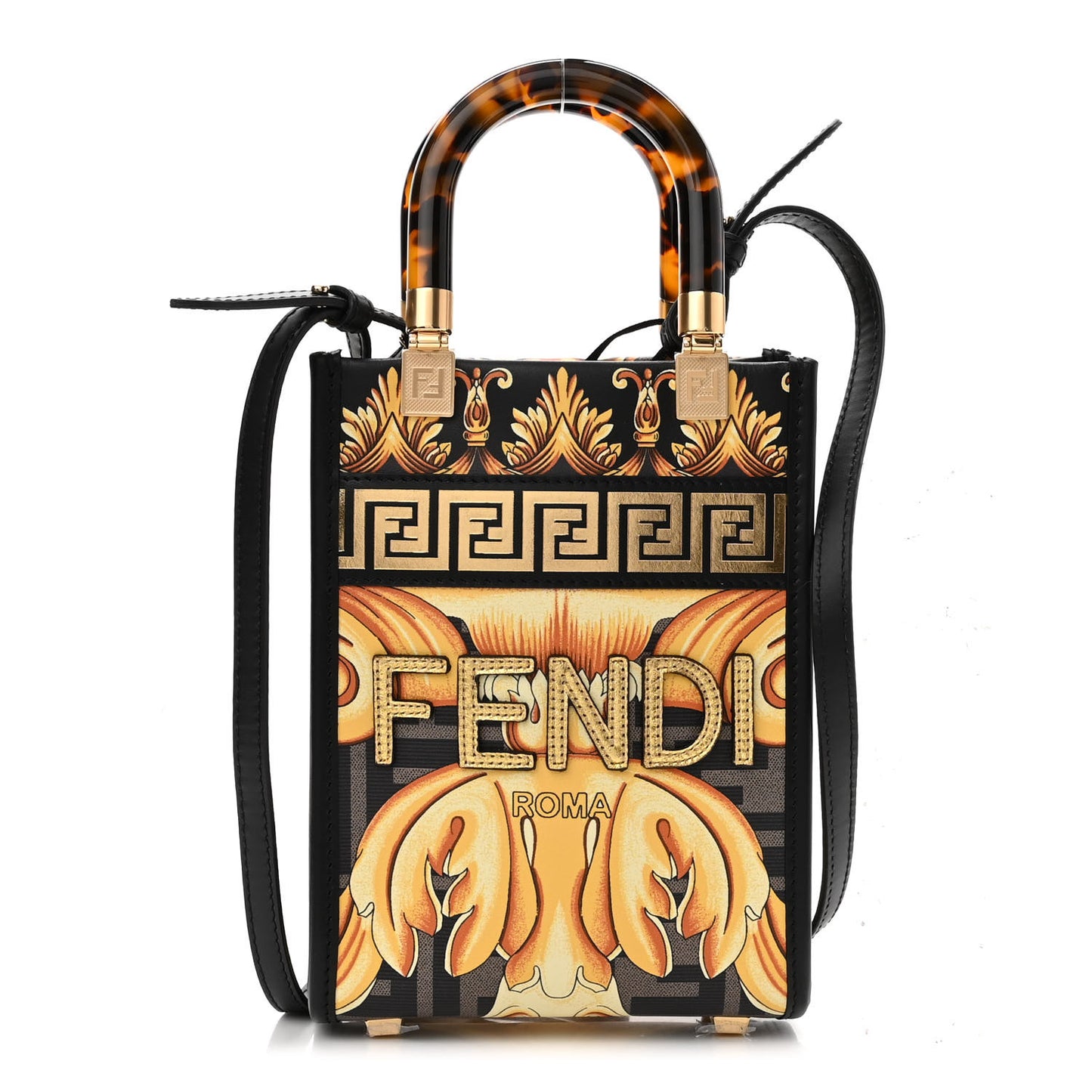 X VERSACE Vitello King Catalan Mirror Plexiglass Fendace FF Baroque Logo Mini Fendi Sunshine Shopper Tote Black Gold