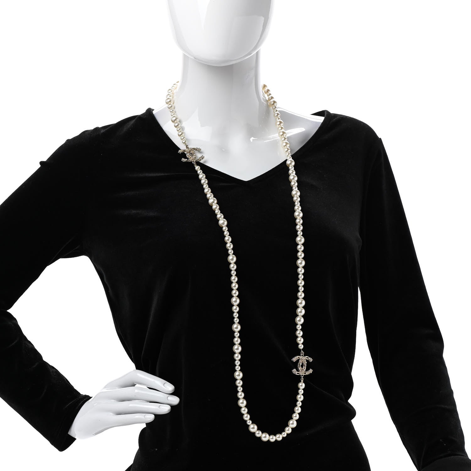 Chanel Pearl Crystal CC Camellia Long Necklace Gold 2 of 6