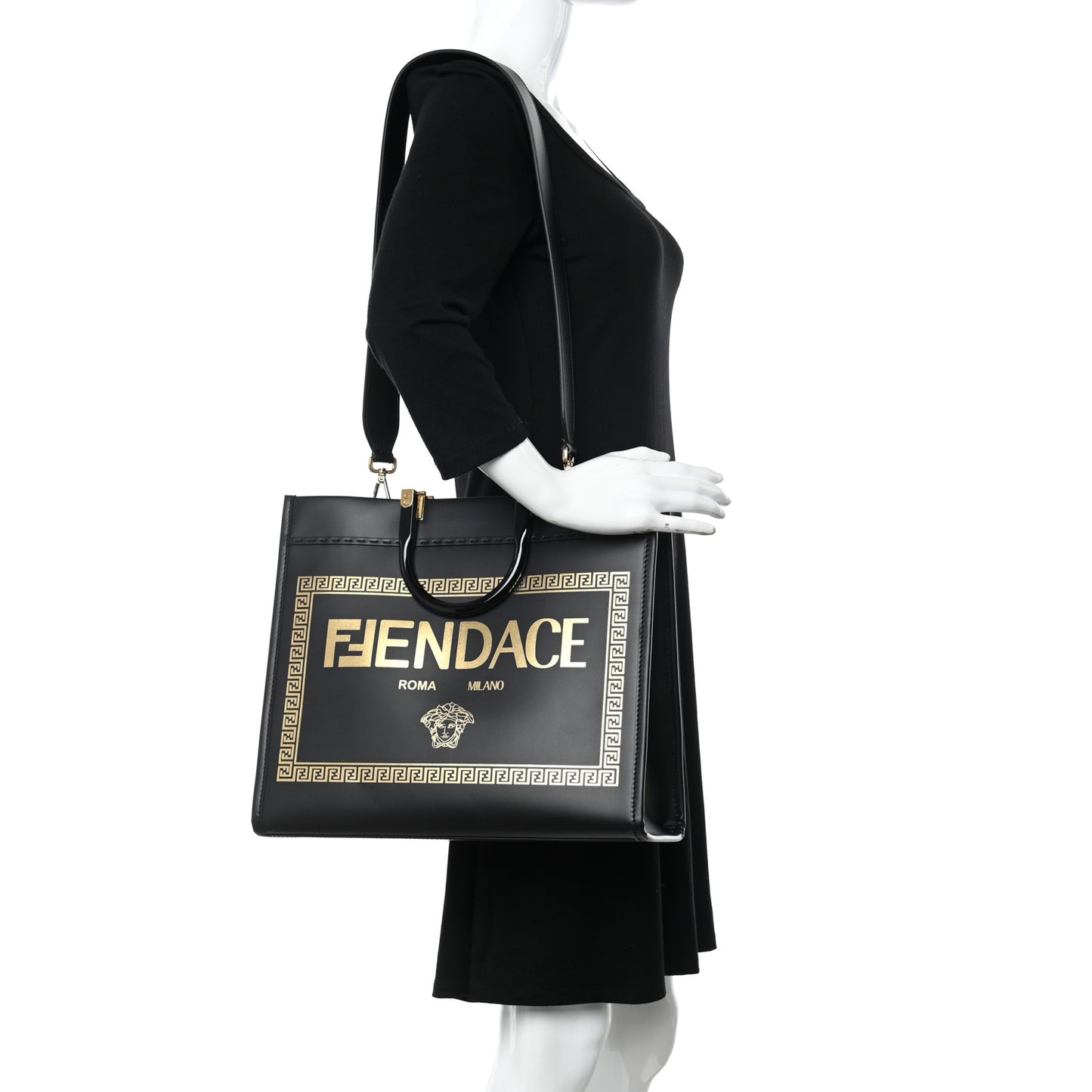 X VERSACE Calfskin Plexiglass Fendace Medium Fendi Sunshine Shopper Tote Black