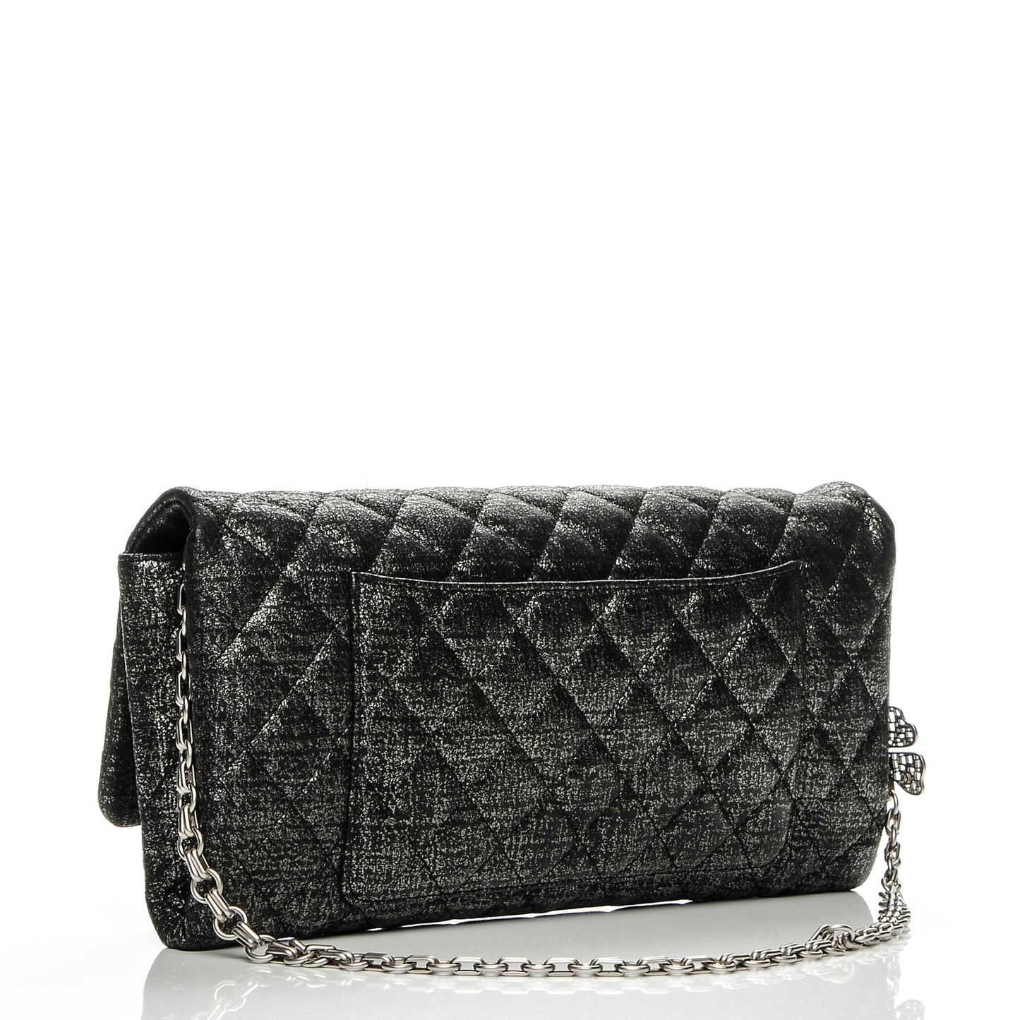 Glitter Fabric Quilted Flap Clutch With Butterfly Chain Black