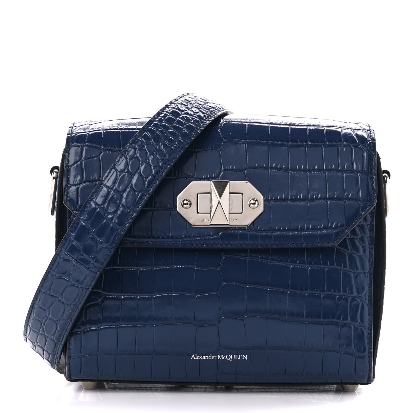 Calfskin Crocodile Embossed Box Shoulder Bag 21 Blue