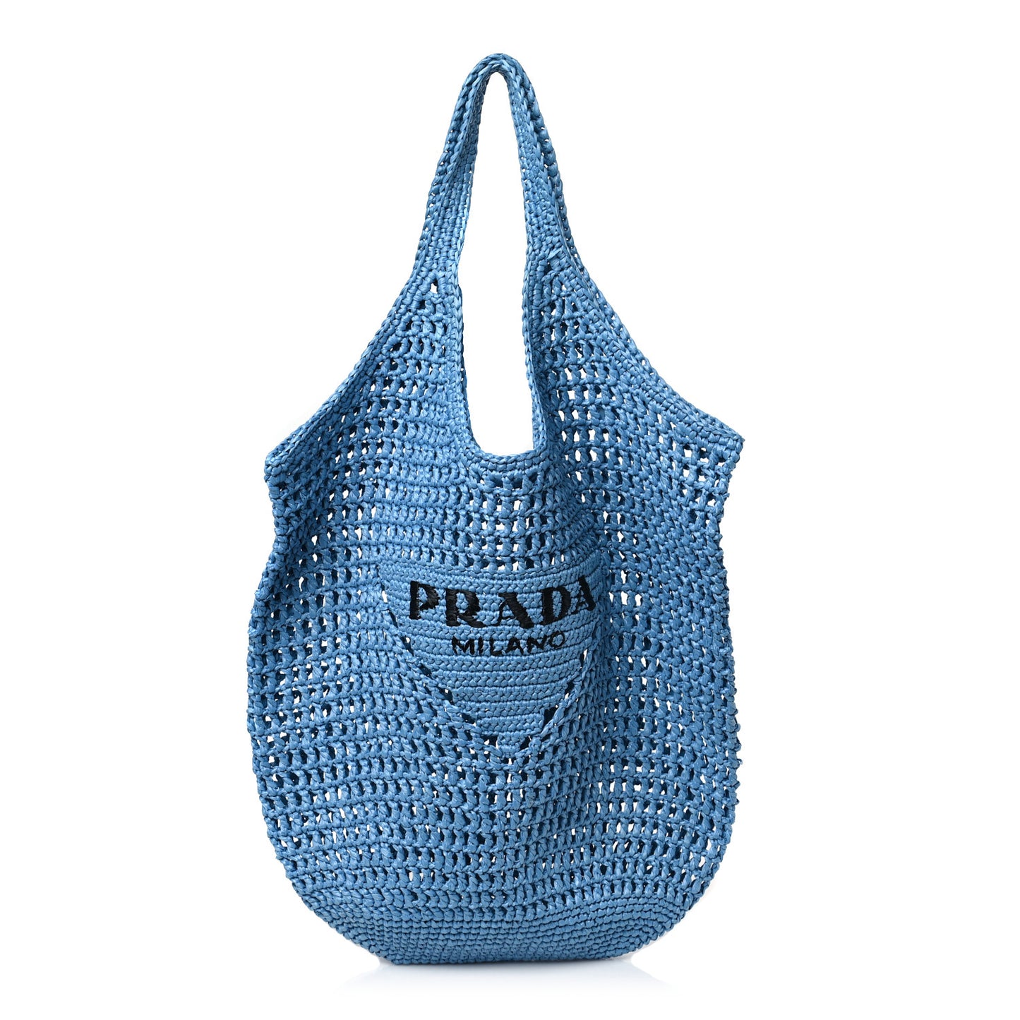 Yarn Raffia Effect Crochet Logo Embroidered Shopping Tote Bag Celeste