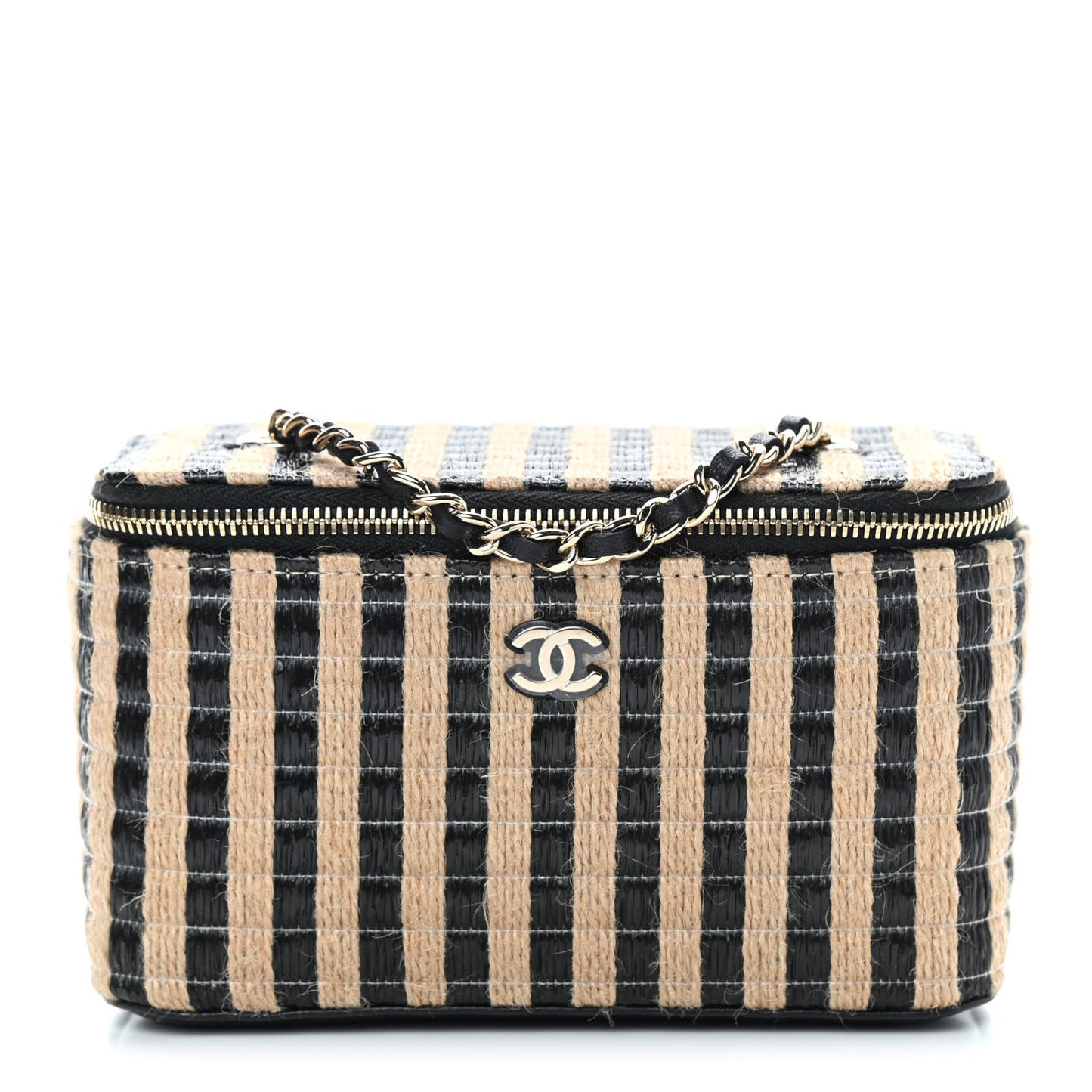 Raffia Jute Striped Small Vanity Case With Chain Black Beige