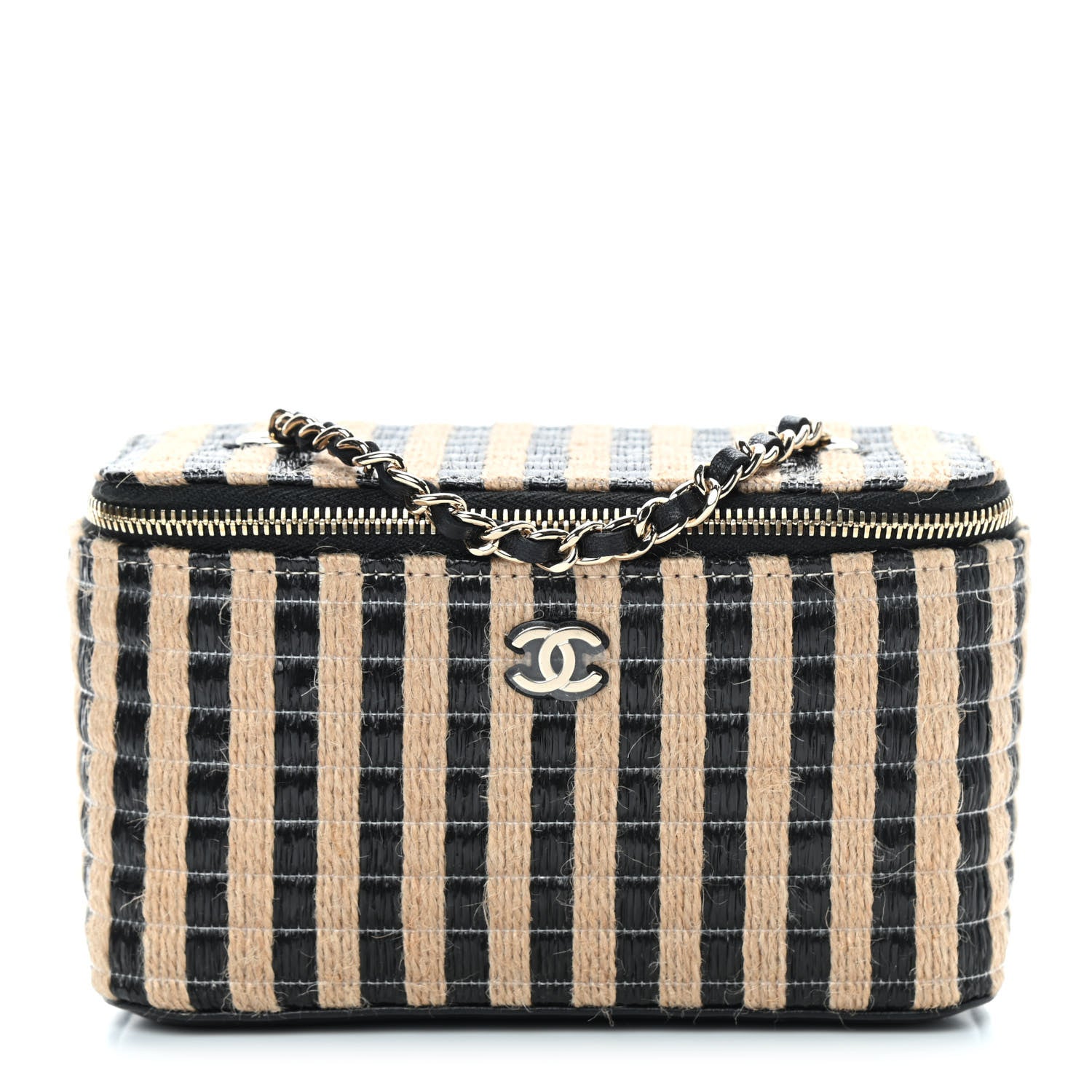 Chanel Raffia Jute Striped Small Vanity Case With Chain Black Beige 1 of 10