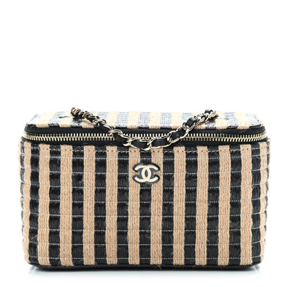 Chanel Raffia Jute Striped Small Vanity Case With Chain Black Beige 1 of 10