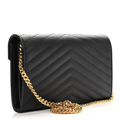 Saint Laurent Grain De Poudre Matelasse Chevron Monogram Chain Wallet Black 3 of 11
