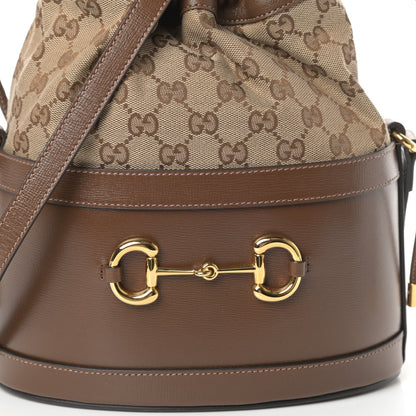 Gucci Monogram Textured Calfskin Horsebit 1955 Drawstring Bucket Bag Beige Brown Sugar 7 of 9