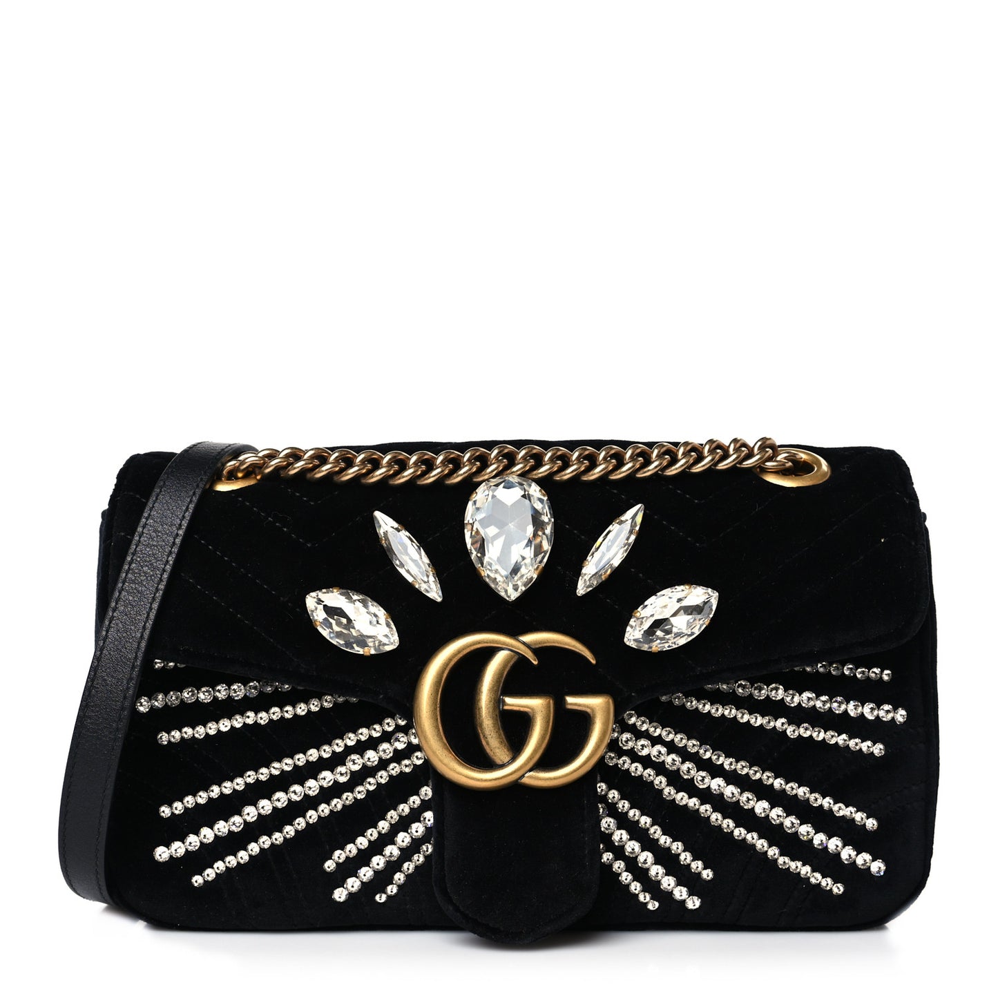 Velvet Matelasse Marquise Crystals Embroidered Small GG Marmont Shoulder Bag Black