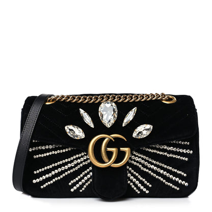 Gucci Velvet Matelasse Marquise Crystals Embroidered Small GG Marmont Shoulder Bag Black 1 of 9