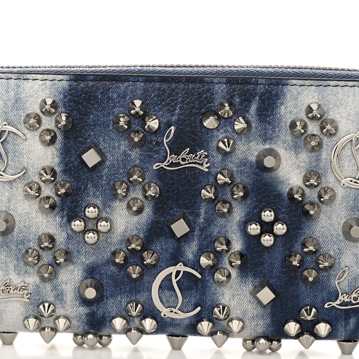 Metallic Calfskin Tie Dye Spiked Zip Around Wallet Silver
