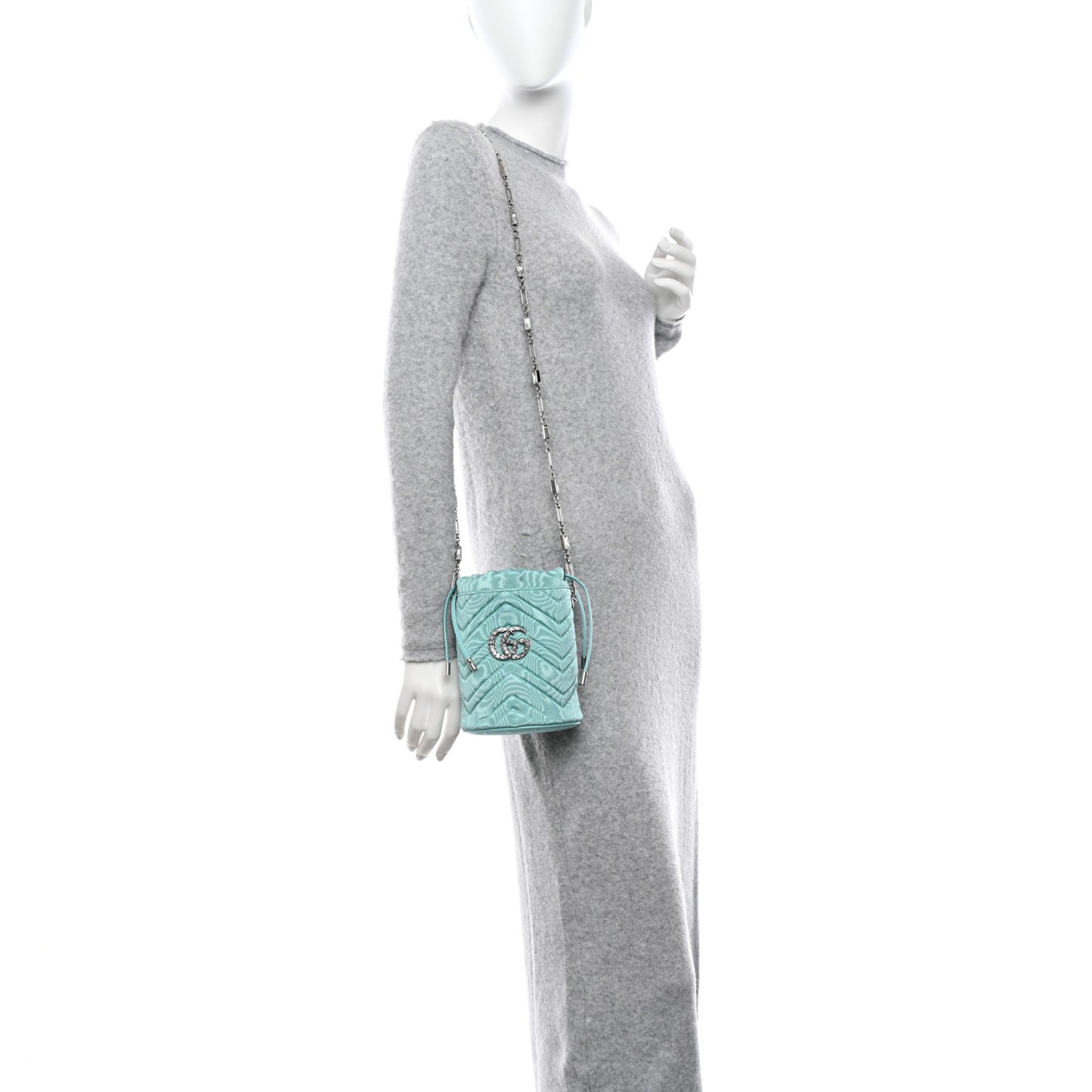 Moire Fabric Calfskin Crystal Matelasse Mini GG Marmont 2.0 Bucket Bag Dark Ocean Wave Crystal