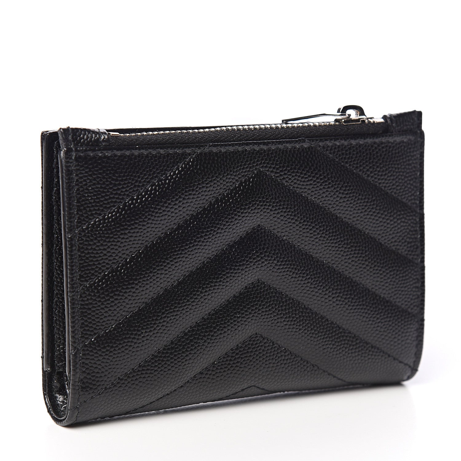 Saint Laurent Grain De Poudre Matelasse Chevron Monogram Zipped Two-Part Wallet Black 2 of 7