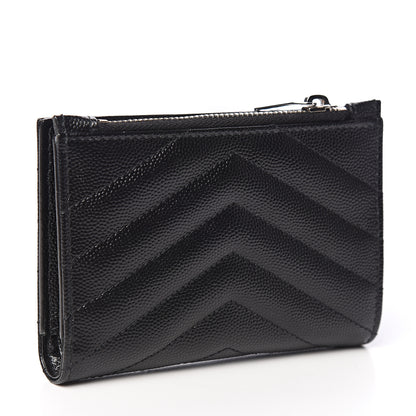 Saint Laurent Grain De Poudre Matelasse Chevron Monogram Zipped Two-Part Wallet Black 2 of 7