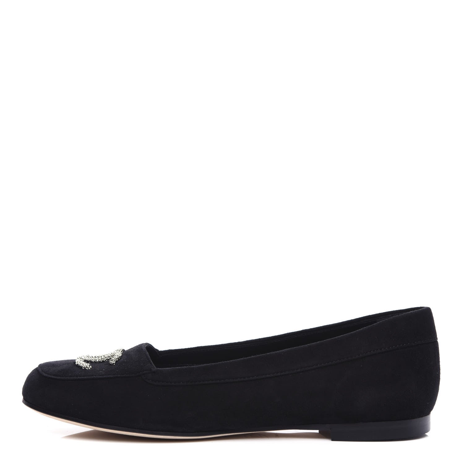 Chanel Kid Suede CC Flats 37.5 Black 1 of 13