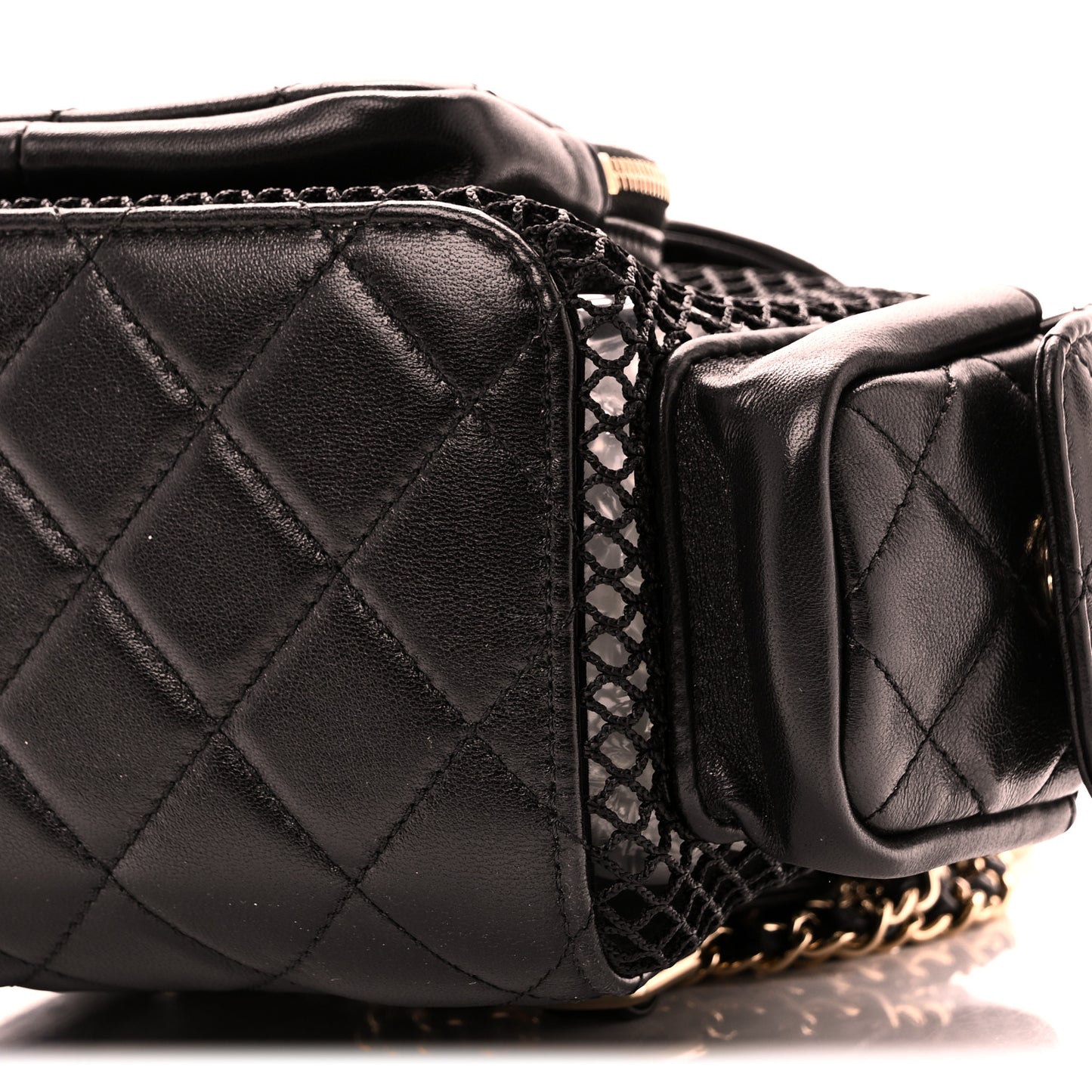 Shiny Lambskin Mesh Quilted Small Cargo Duma Drawstring Backpack Black