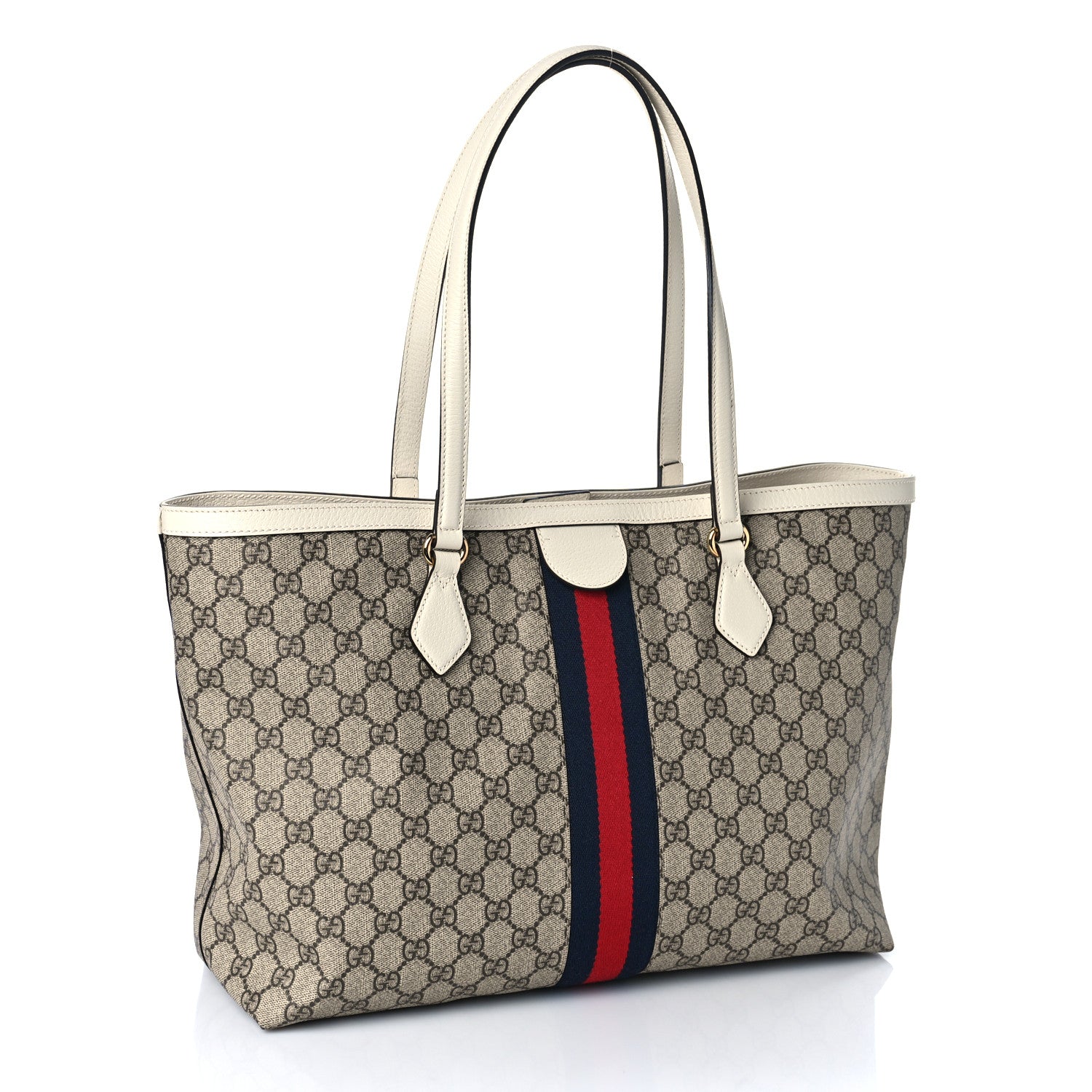 Gucci GG Supreme Monogram Textured Dollar Calfskin Web Medium Ophidia Shopping Tote Beige Ebony Mystic White 3 of 11