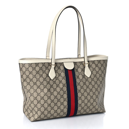 Gucci GG Supreme Monogram Textured Dollar Calfskin Web Medium Ophidia Shopping Tote Beige Ebony Mystic White 3 of 11