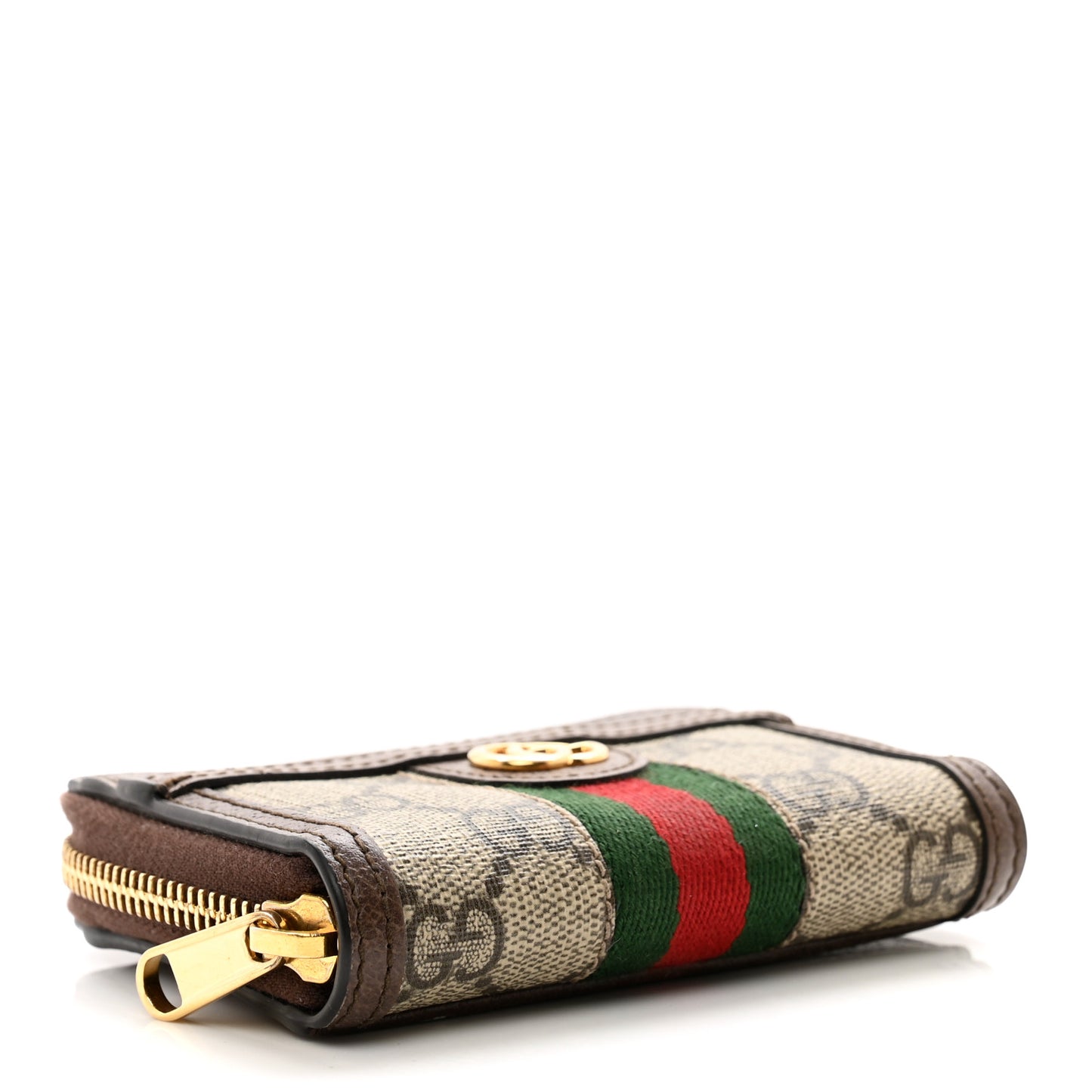 GG Supreme Monogram Textured Dollar Calfskin Web Ophidia Zip Around Card Case Wallet Beige Ebony New Acero
