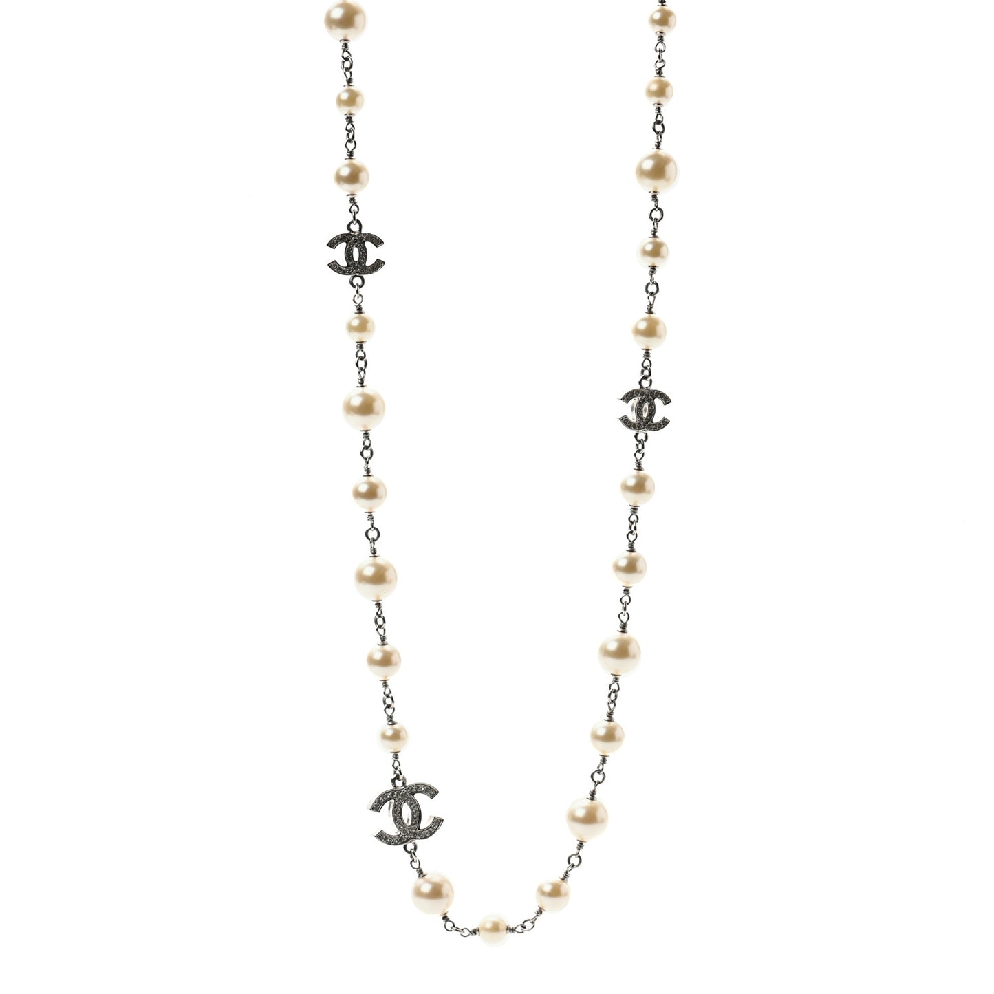 Crystal Pearl CC Long Necklace Silver