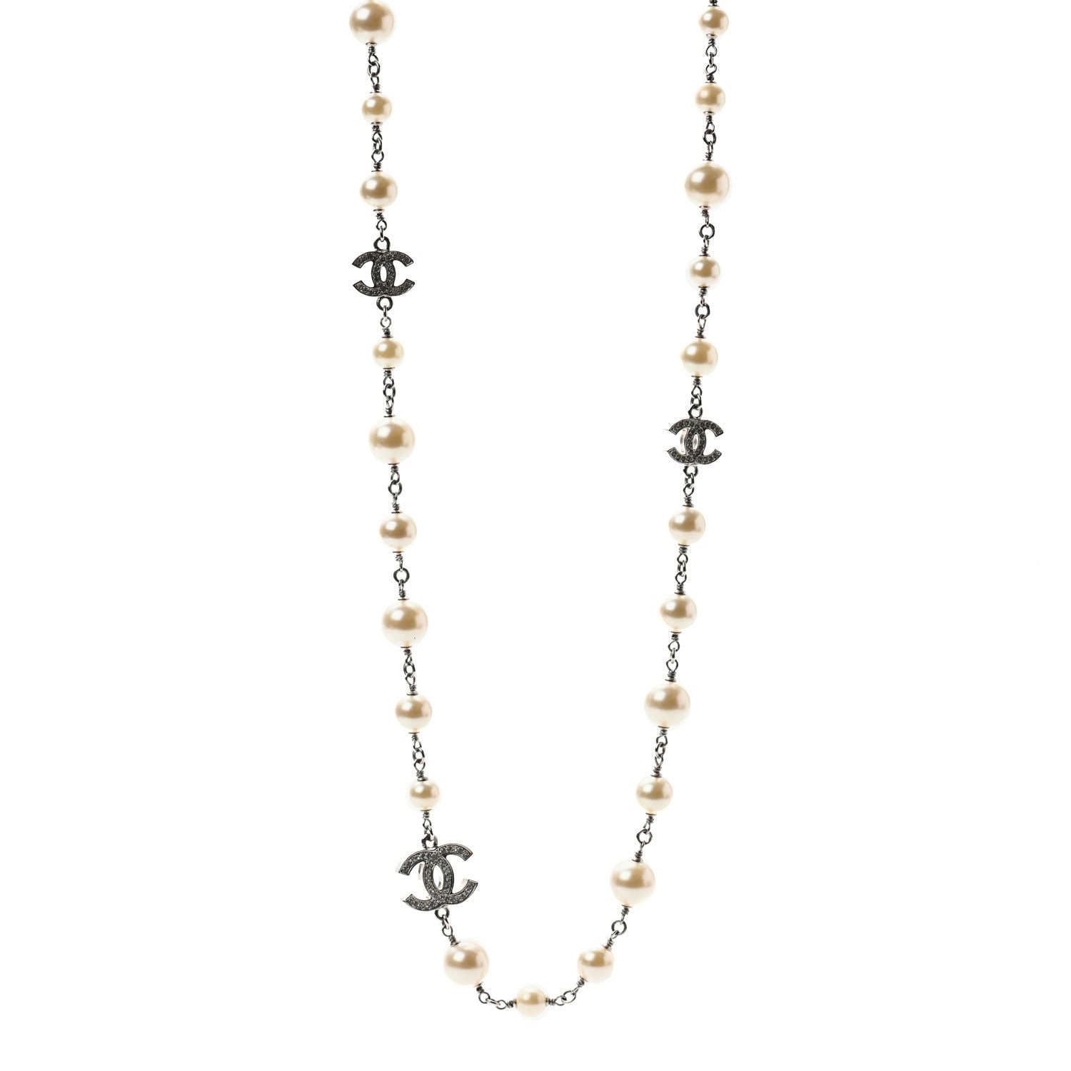 Chanel Crystal Pearl CC Long Necklace Silver 1 of 5
