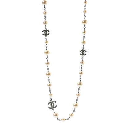 Chanel Crystal Pearl CC Long Necklace Silver 1 of 5