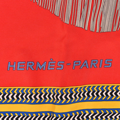 Hermes Silk Selle Des Steppes Scarf 90 Rouge Bleu Jaune De Naples 2 of 5